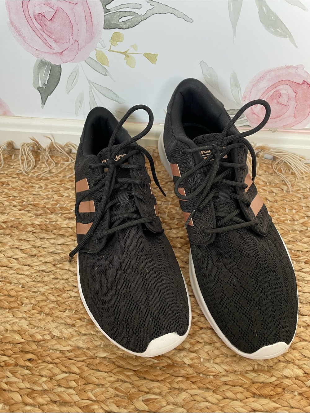 adidas Women’s Black Athletic Sneakers with Rose Gold Stripes Athletic Sporty